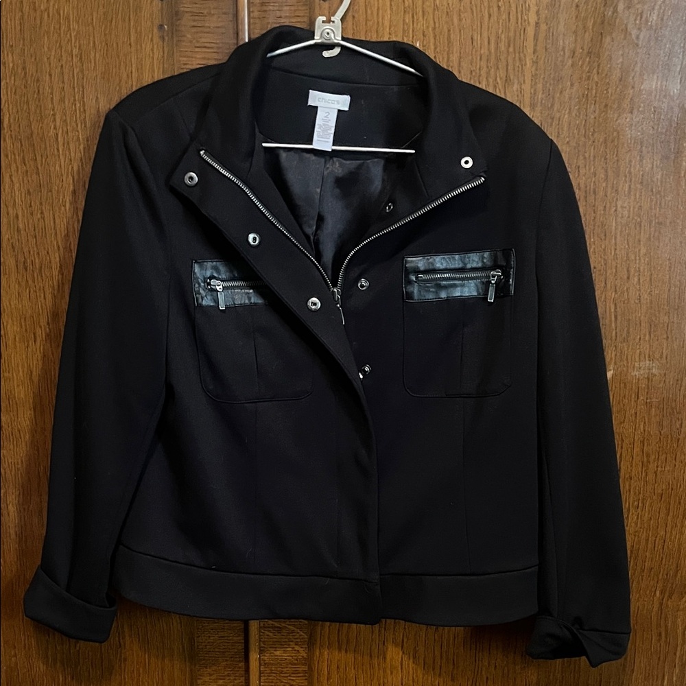 Chico's Black Bomber Jacket with Leather Accents